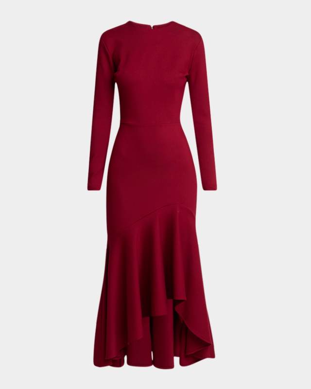 Long-Sleeve Flounce-Hem Jersey Midi Dress